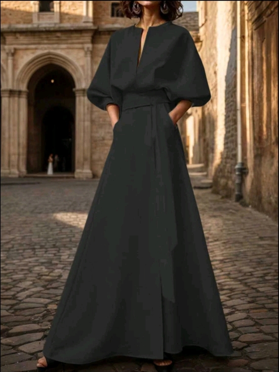 Dresses & Skirts - Elegant Black Balloon-Sleeve Maxi Dress